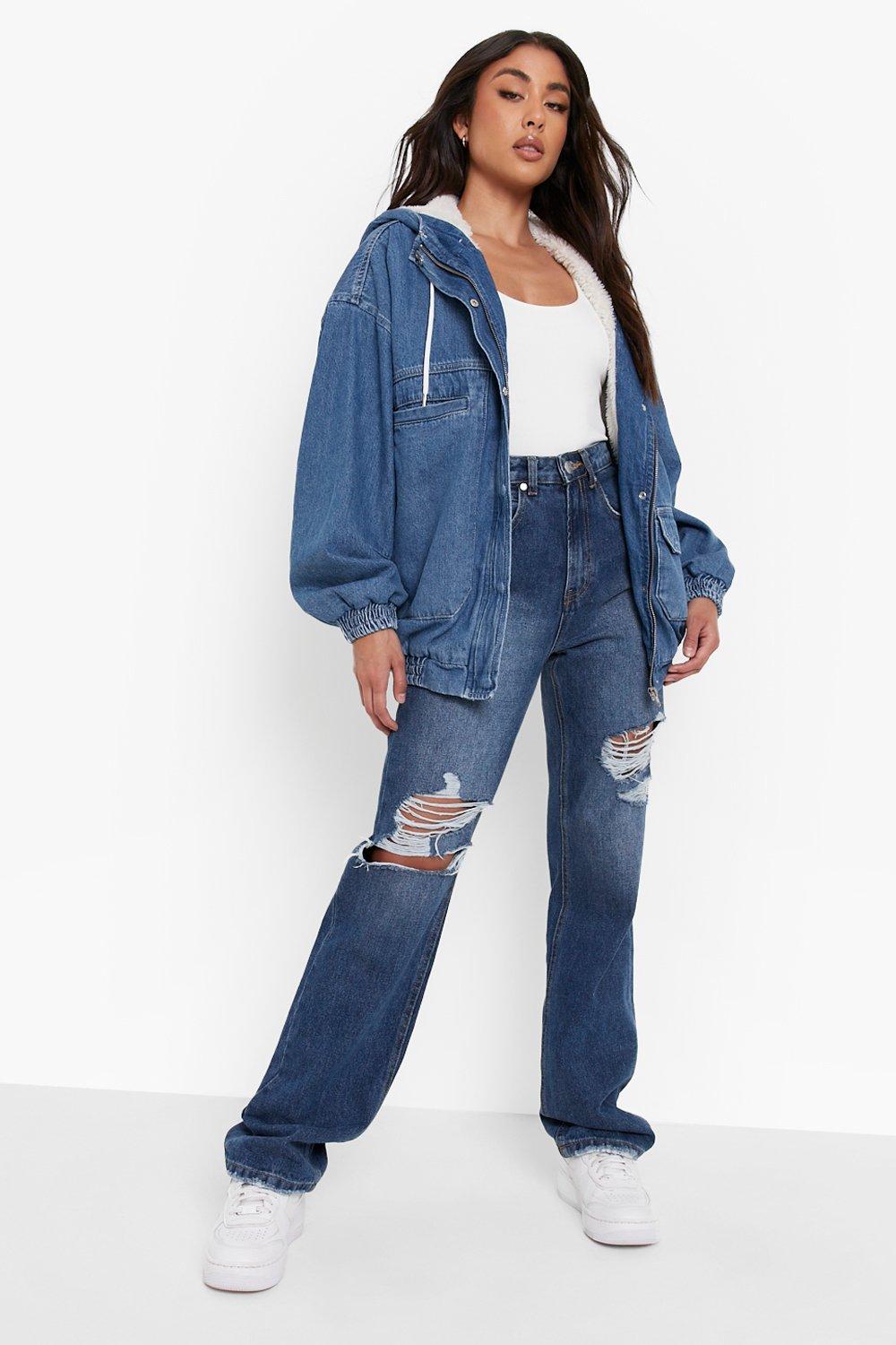 Hooded denim bomber discount jacket